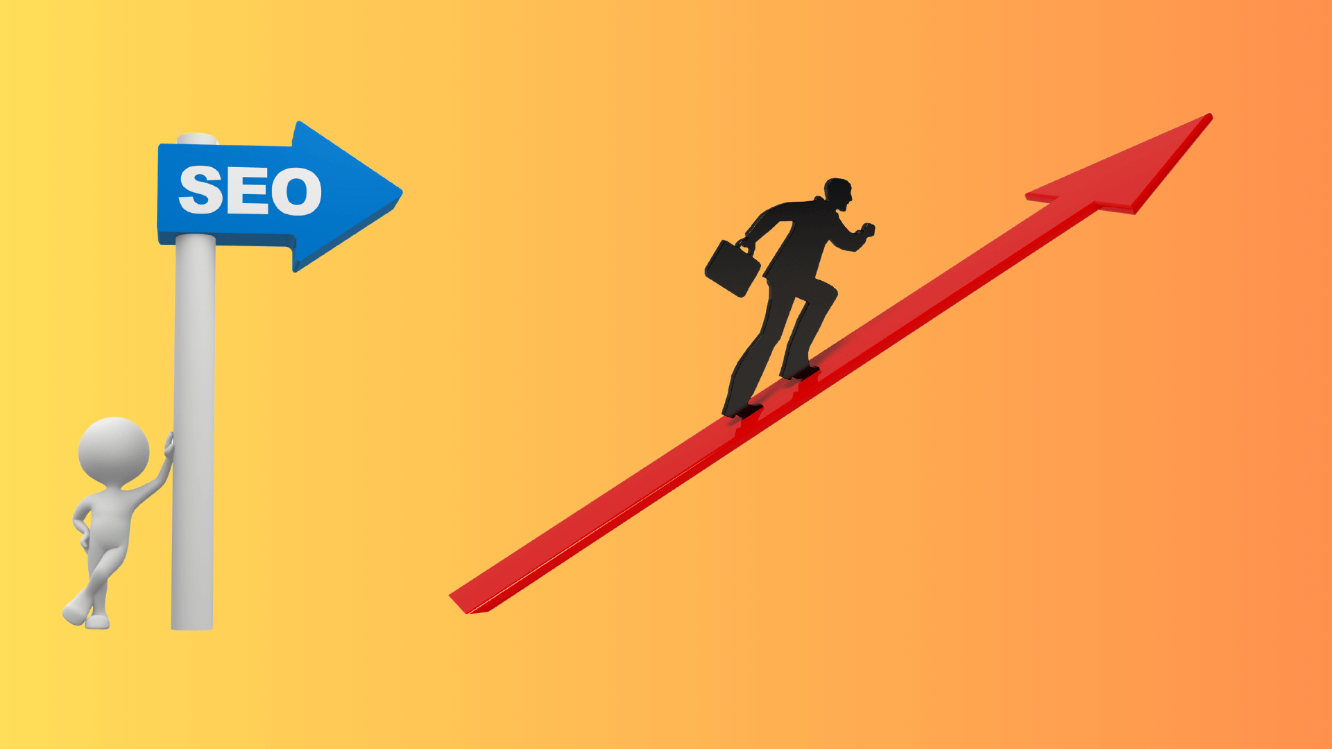 A white guy stands with his legs crossed leaning on the blue SEO sign in a laid-back way. He looks cool and at ease in the busy conference setting. A blue sign points up showing how important it is to grow in the online world. A black man in a suit walks up a red arrow while carrying a briefcase. This represents moving forward and aiming high with spear.