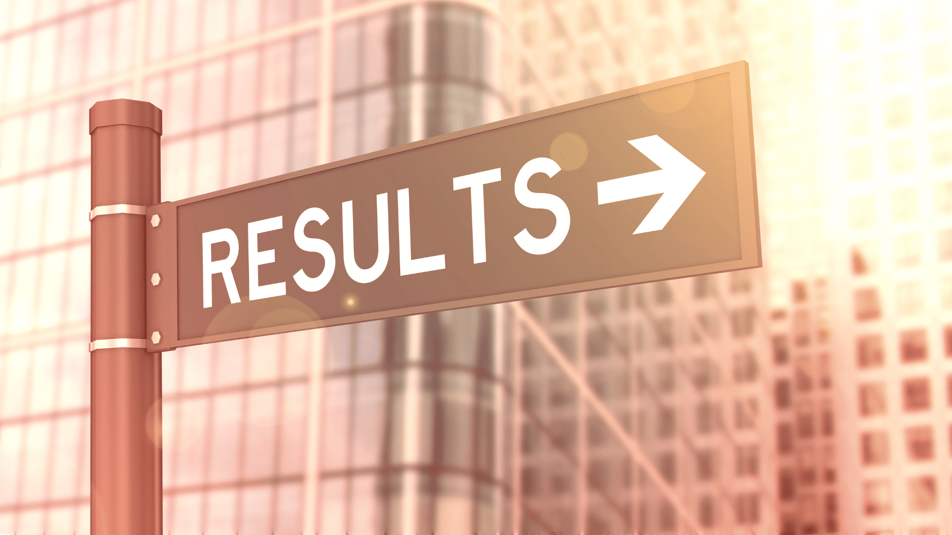 Background a building with a sign, displaying results with an arrow pointed to the right