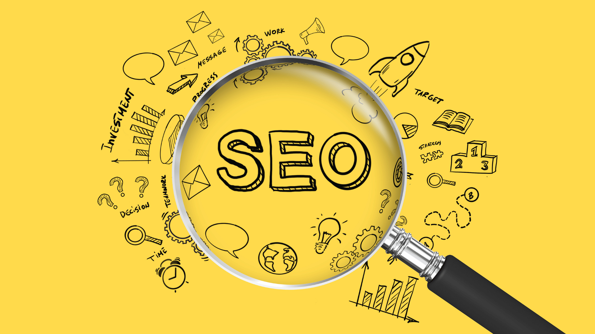A magnifying glass hovers over SEO next to an SEO drawing. Nearby, you see a picture of a rocket ship. A speech bubble appears, along with a chart. There's also a podium where people can stand on. It shows rankings: 1 for first place 2 for second place, and 3 for third place. email picture alarm clock